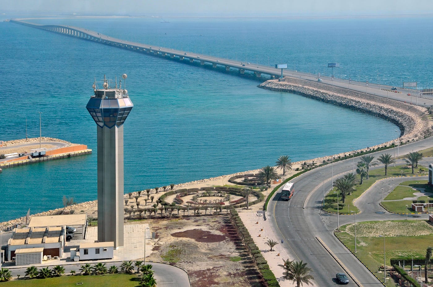 King Fahd Causeway, aerial view connecting Saudi Arabia and Bahrain.